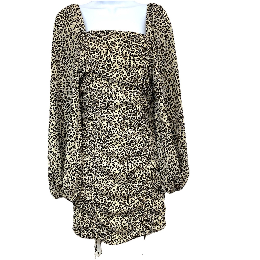 O Vianco Leopard Print Long Puff Sleeve Mini Dress Ruched Smocked Back Small